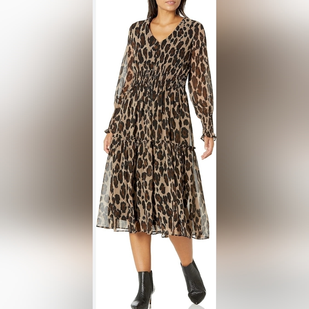 Taylor Smocked Leopard‎ Chiffon Midi Womens Size 8 Dress